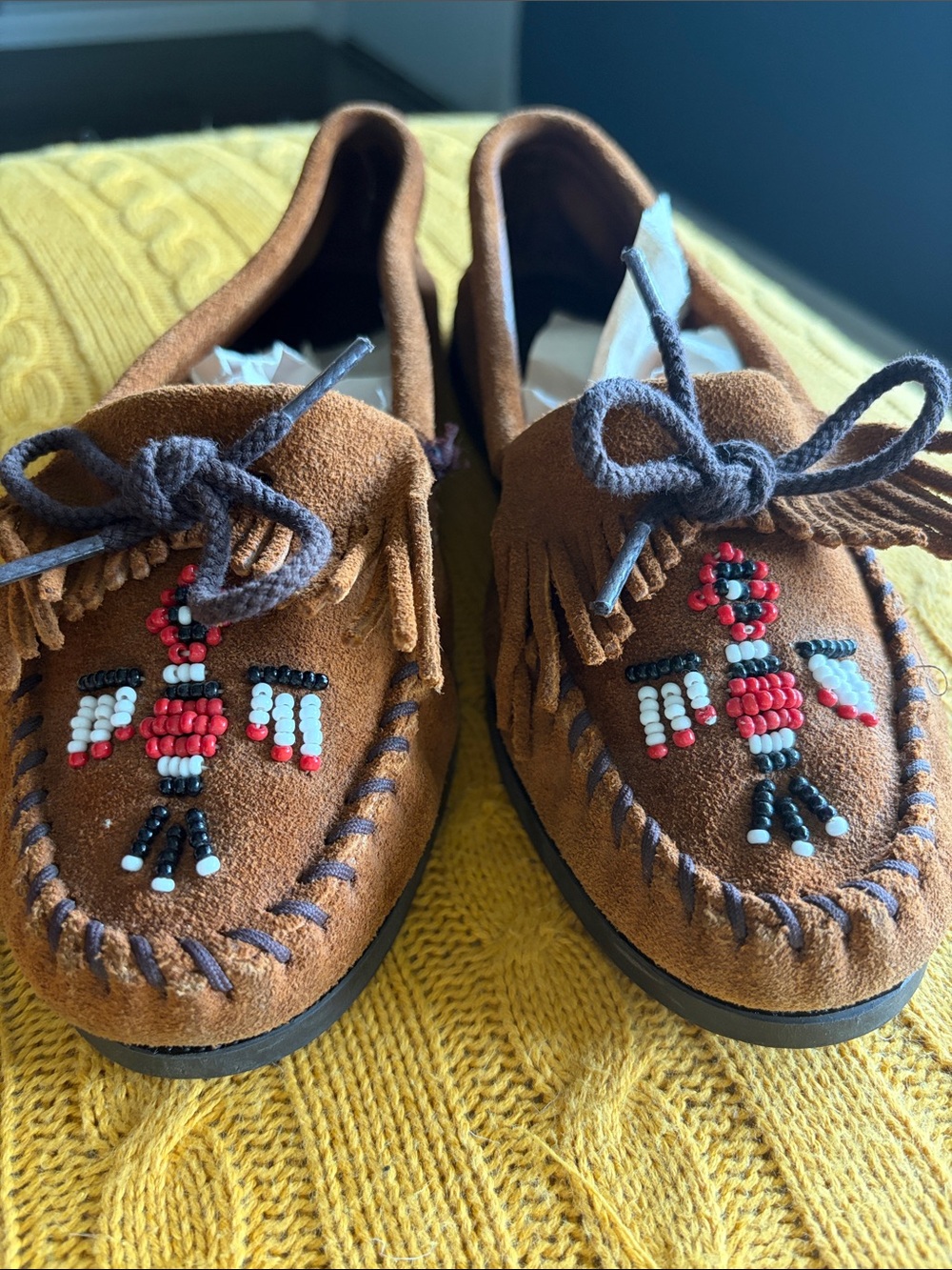 Minnetonka Brown Suede Beaded Moccasin Loafers